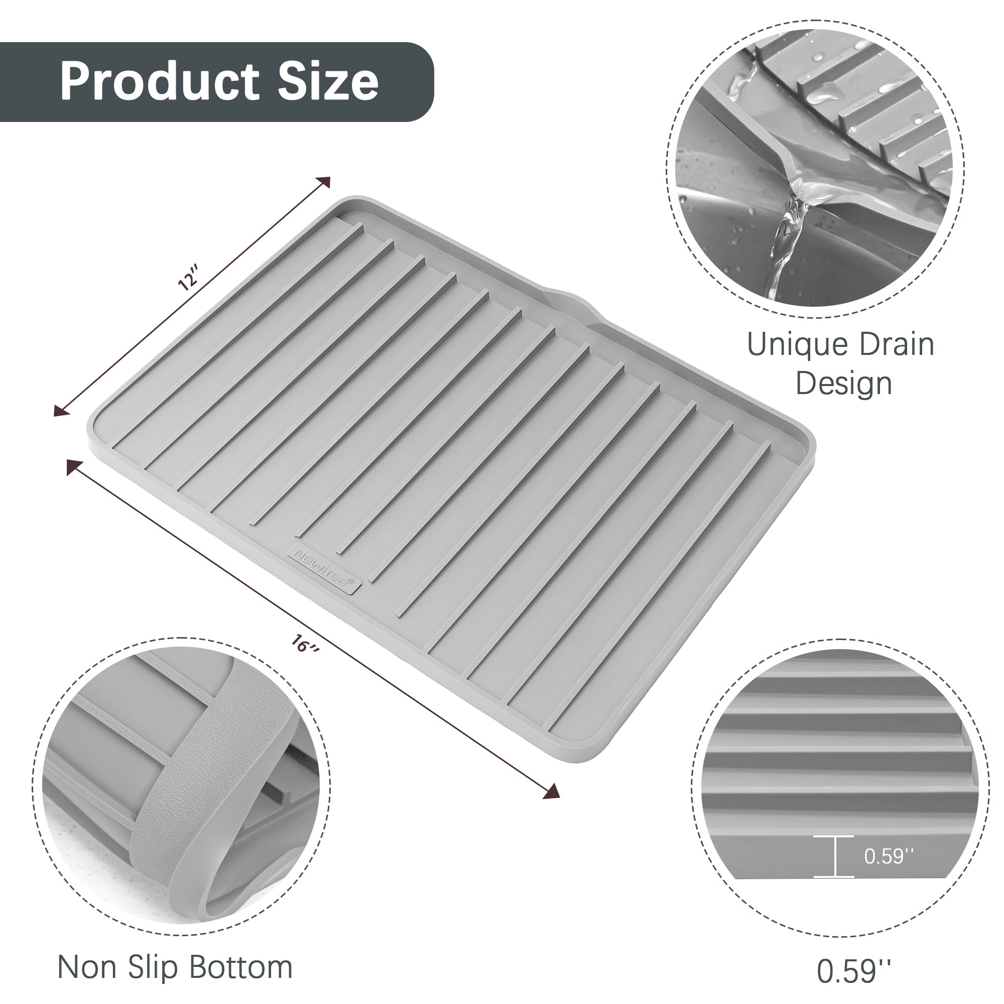 Silicone Dish Drying Mat for Kitchen Counter with Drain Lip, Dish Rack Mat, Non-Slip BPA Free Heat Resistant, Dish Drying Pad for Dishes/Pans/Vegetables/Fruits/Flower Pots, 16" x 12" Gray