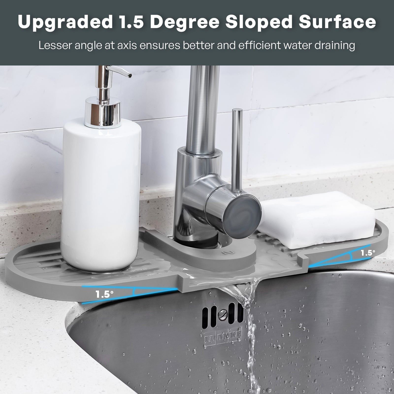 16 Inch Faucet Mat for Kitchen Sink Mat, Silicone Sink Splash Guard, 2 Spouts Fast Draining Mat & Drying Mat, Faucet Guard Draining Mat, Fits Most Kitchen Sink Countertop Without Cutting Gray