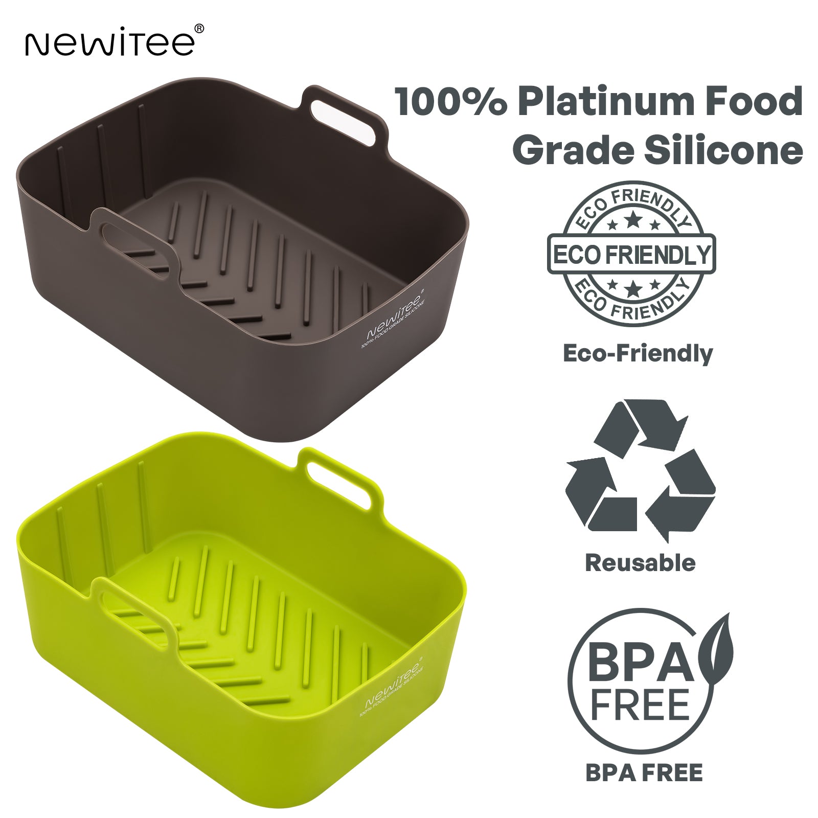 Air Fryer Silicone Liners 10QT for Ninja DZ201/DZ550/DZ401/SL401, 2 Pack - NEWITEE BPA Free Platinum Silicone Air Fryer, Rectangle Dual Ninja Air Fryer Liners Tray with Handle