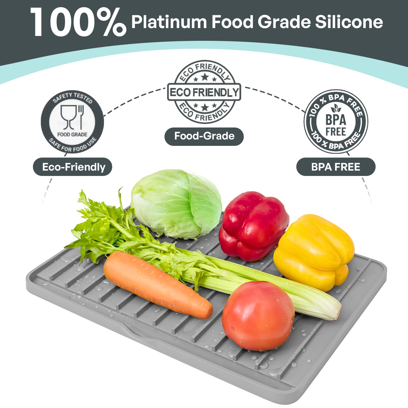 Silicone Dish Drying Mat for Kitchen Counter with Drain Lip, Dish Rack Mat, Non-Slip BPA Free Heat Resistant, Dish Drying Pad for Dishes/Pans/Vegetables/Fruits/Flower Pots, 16" x 12" Gray