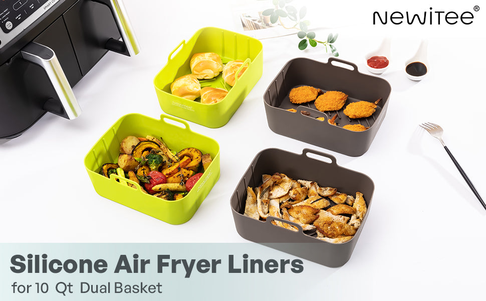 Air Fryer Silicone Liners 10QT for Ninja DZ201/DZ550/DZ401/SL401, 2 Pack - NEWITEE BPA Free Platinum Silicone Air Fryer, Rectangle Dual Ninja Air Fryer Liners Tray with Handle